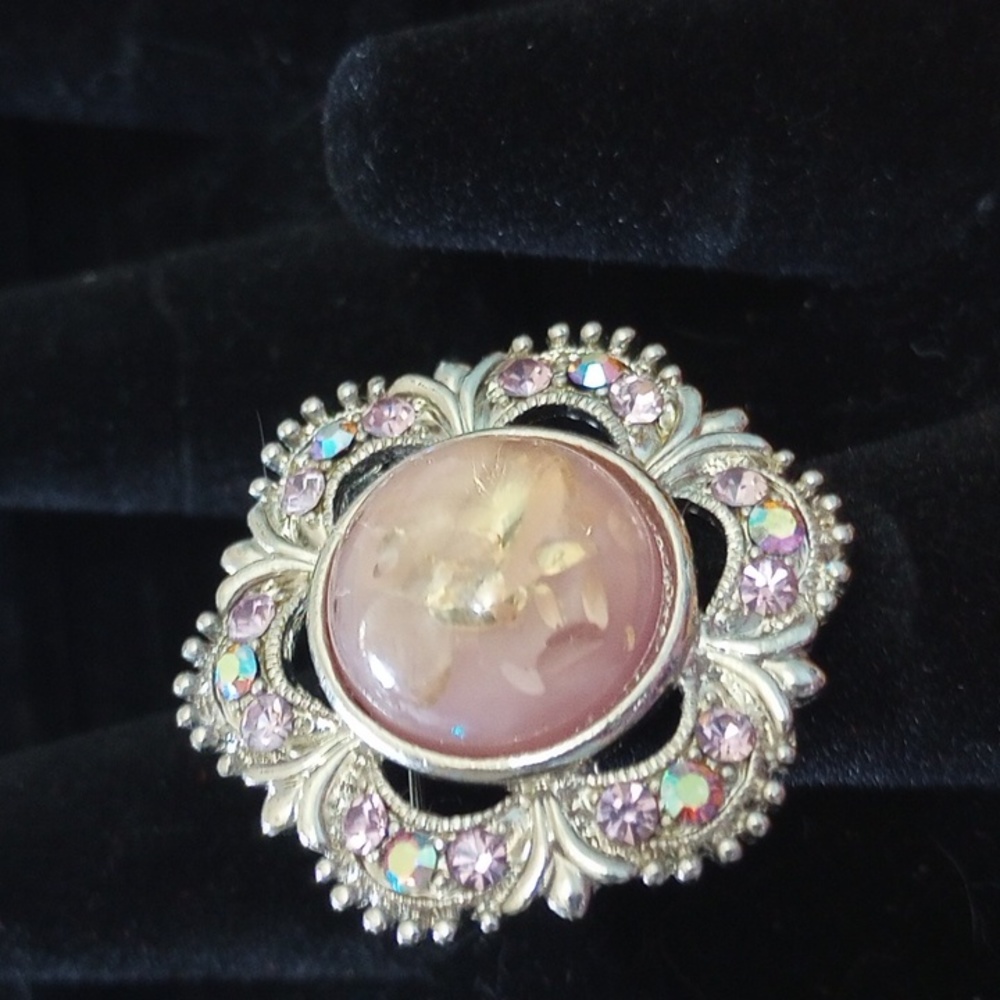 MCM lucite confetti cabochon Aurora Borealis rhinestone pin